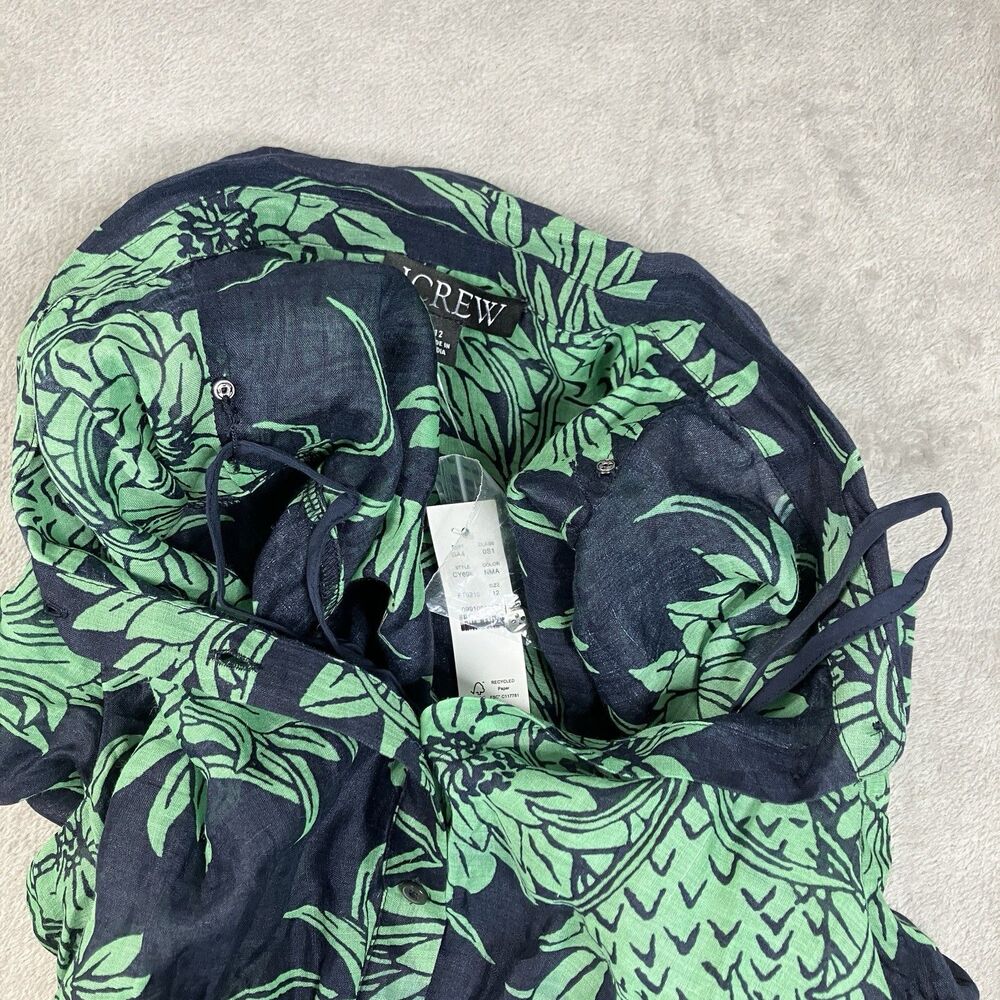 J Crew Ramie Cerise Shirt Dress Womens 12 Navy Green Pineapple Print Midi - Picture 9 of 16
